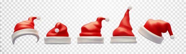 Collezione Cappello Babbo Natale Isolato Sfondo Trasparente Set Realistico Cappelli — Vettoriale Stock