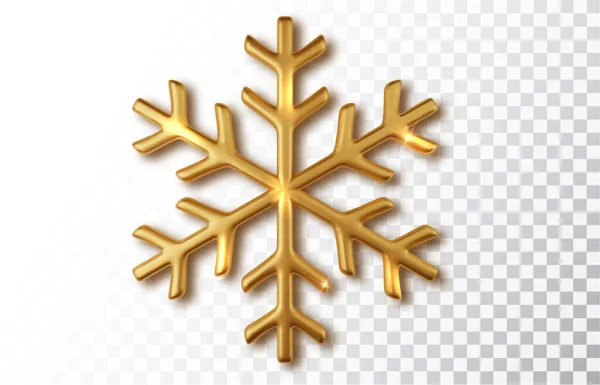 Golden Snowflake Realistic Christmas Decoration Isolated Transparent Background Design Element — Stock Vector