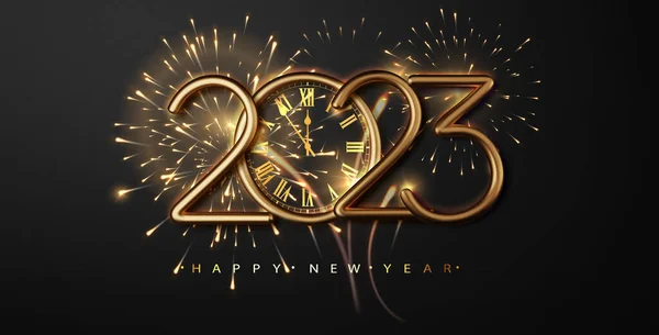 2023 Clock Fireworks Happy New Year Dark Luxury Background Beautiful — Stock Vector