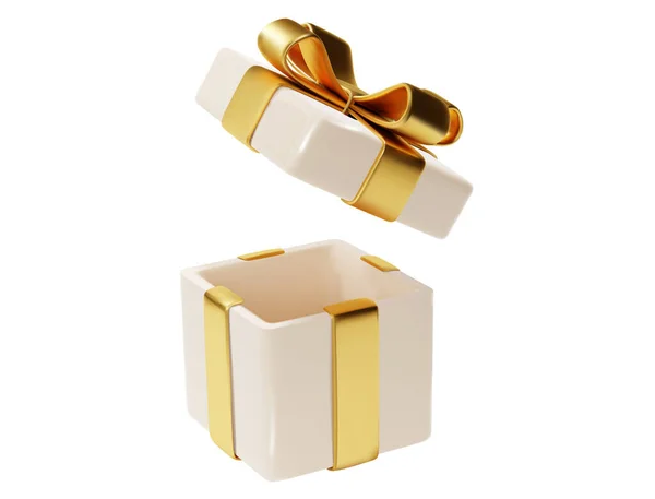 Weihnachtsgeschenke Box Öffnen Render Weiße Schachtel Mit Goldenem Hochglanzband Isoliert — Stockvektor