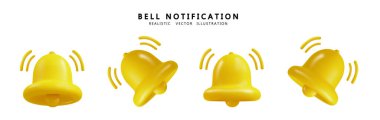 3d Bells realistic collection isolated on white background. Alarmclock, attention, alert, signal, new message, new subscriber, reminder 3d icons