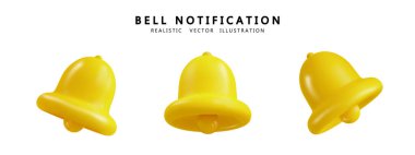 Çan gerçekçi koleksiyonu beyaz arkaplanda izole edildi. Alarm saati, dikkat, uyarı, sinyal, yeni mesaj, yeni abone, hatırlatıcı 3D simgeler