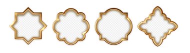 Realistic golden frames in arabic style isolated. Traditional islamic 3d shape. Ramadan kareem frames with transparent background