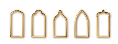 Arabic golden arch isolated. 3D realistic islam architecture shape for muslim holidays. Ramadan kareem design elements door, frame, window.