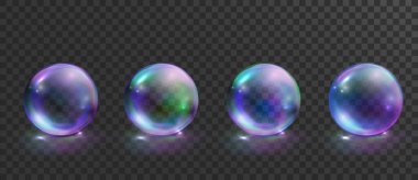 Soap bubbles isolated realistic collection. Transparent Rainbow reflection bubbles set with glares, highlights and gradient.