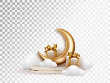 Composition with a crescent moon and gift boxes for the decoration of the Islamic holy month on a podium in the clouds. Decorative 3d elements for Muslim holidays.