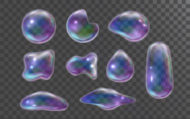 Iridescent soap bubbles of various shapes. Rainbow reflection bubbles set with glares, highlights and gradient