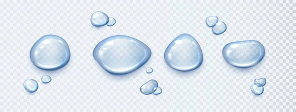 Uppsättning Genomskinliga Droppar Vatten Realistiskt Genomskinliga Klara Vattendroppar Isolerad Transparent — Stock vektor