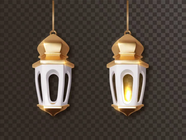 Lanternas Luminosas Árabes Douradas Lâmpadas Árabes Brilhantes Isolado Pendurado Lâmpadas —  Vetores de Stock