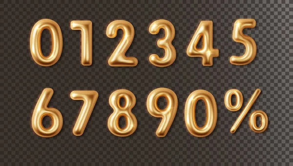 Golden Chrome Numbers Set Isolated Dark Transparent Background Metallic Golden — Stock Vector
