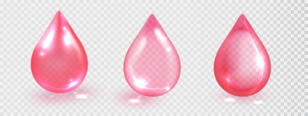 Розовый прозрачный набор. Векторная реалистичная капля косметической жидкости изолирована на прозрачном фоне. Комплекс раствора розовый сияние с витаминами, коллагеном, сывороткой капли.
