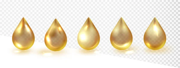 金のコラーゲンは透明な背景に隔離されます 現実的な半透明の美容液滴 ビタミン 黄金の蜂蜜や化粧水液滴セットのバブル — ストックベクタ