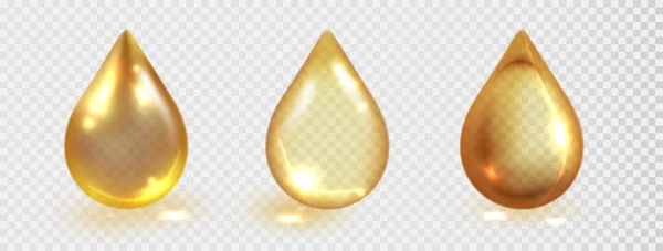 金の油滴は 透明な背景に隔離されました 薬物やコラーゲンエッセンスのベクトル現実的な黄色の血清液滴 現実的な半透明の蜂蜜 血清または調理油滴 — ストックベクタ