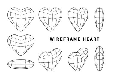 Kablo çerçeveli kalp geometrik figürleri izole edildi. Vector soyut kalp Outlane doğrusal. Sanal gerçeklik ögeleri.