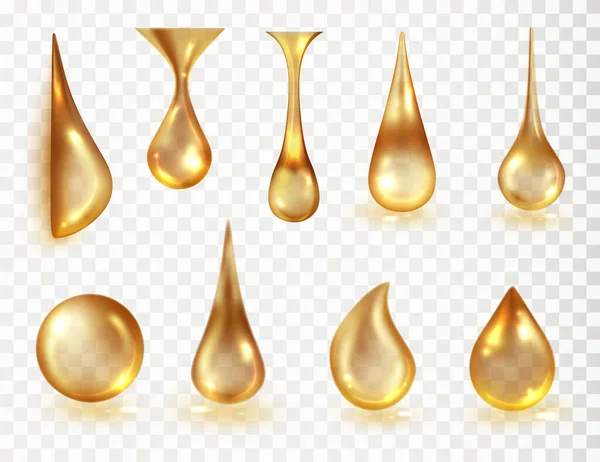 Realistiska Gula Droppar Genomskinliga Isolerad Transparent Bakgrund Vektor Flytande Guld — Stock vektor