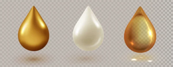 異なる液体が落ちる 白と化粧品の金のドロップ 液体のエッセンスビタミンマシンオイル化粧品ミルクビタミンホワイトバブル — ストックベクタ