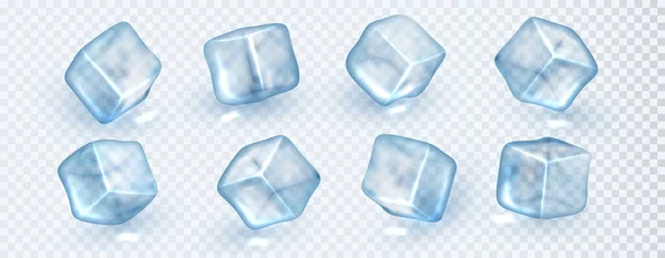 Cubos Hielo Transparentes Azules Vectorrealistas Piezas Cristal Claro Diferentes Ángulos — Vector de stock