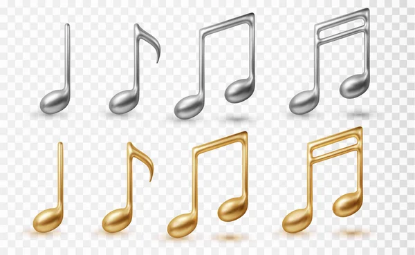Золотые Серебряные Музыкальные Ноты Набор Иконок Реалистичная Векторная Иллюстрация Прозрачном — стоковый вектор