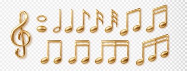 Golden music notes collection isolated on transparent background. Vector 3d realistic icon clipart