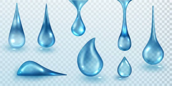Blue Drops Translucent Isolated Transparent Background Realistic Vector Liquid Drips — Stock Vector