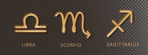 Zodiac Zlaté Značky Libra Scorpio Sagittarius Stínem Izolované Průhledném Pozadí — Stockový vektor