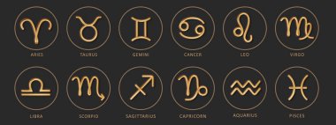 Karanlık arka planda lüks Zodiac altın tabelaları. Gerçekçi Astrolojik işaretler vektör illüstrasyonunu ayarlar