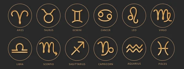 Luxo Signos Ouro Zodíaco Fundo Escuro Sinais Astrológicos Realistas Conjunto — Vetor de Stock