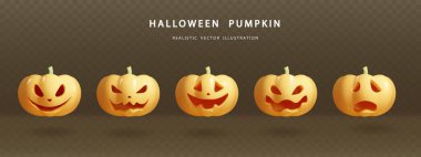 Glossy pumpkins with different emotions for holiday isolated. Halloween pumpkins set 3d vector realistic.