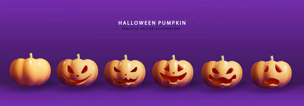 Pumpkins with emotions for the holiday on purple background. Pumpkin set glossy of Halloween. 3d vector realistic.