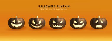 Turuncu arka planda ışık olan siyah balkabakları. Cadılar Bayramı için 3d vektör gerçekçi dekor unsurları