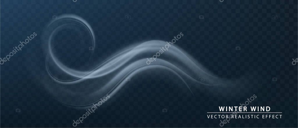 Winter wind realistic. Cold wind blow on transparent background. Vector symbols winter windy weather