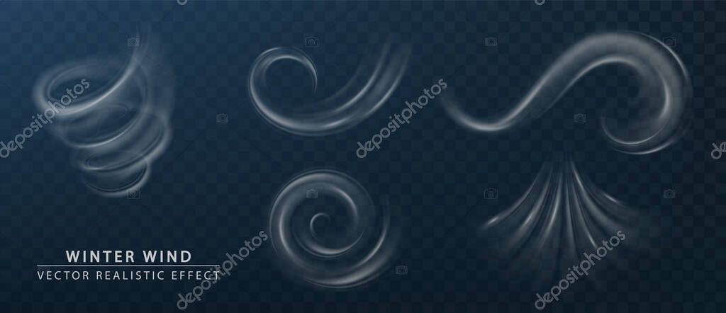 Winter wind blow, wind swirls isolated. Vector realistic symbol of fresh air, winter weather. Air flow wave effect set