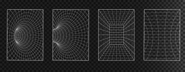 Geometri kablosu şebeke arka planlarını bozdu. Y2K Retrowave şekilleri. Moda psikedelik çılgın tarzında siber punk elementler