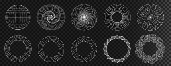 Wireframe Skizze Abstrakte Formen Gesetzt Oberflächennetz Und Geometrische Drahtgeometrien Cyberpunk — Stockvektor