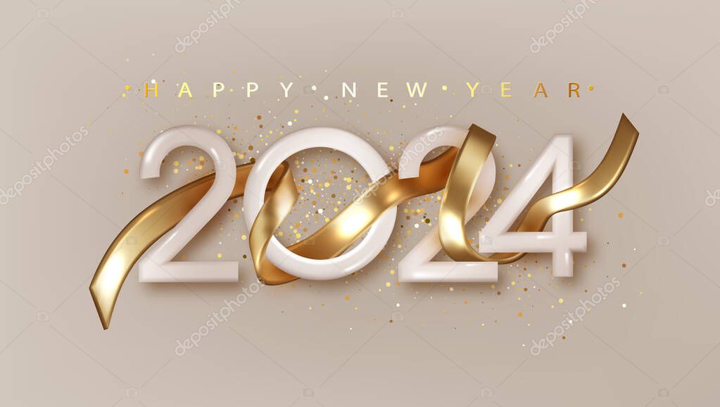 2024 Happy New Year with golden realistic 3d ribbon. Banner for christmas holiday.
