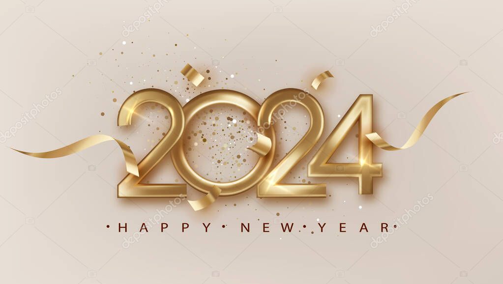2024 New Year with golden golden ribbon. Elegant festive christmas banner with falling confetti on bright background. 2024 Golden 3d number