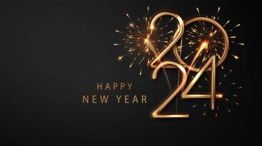 2024 numara ve koyu arkaplanda soyut altın havai fişekler. Koyu arkaplanda Altın Yeni Yıl numaraları