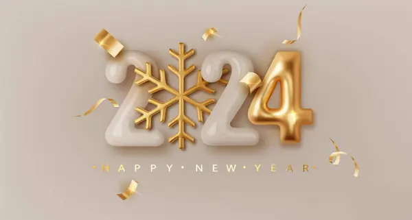 2024 Realistic Glossy Number Golden Snowflake Happy New Year Merry — Stock Vector
