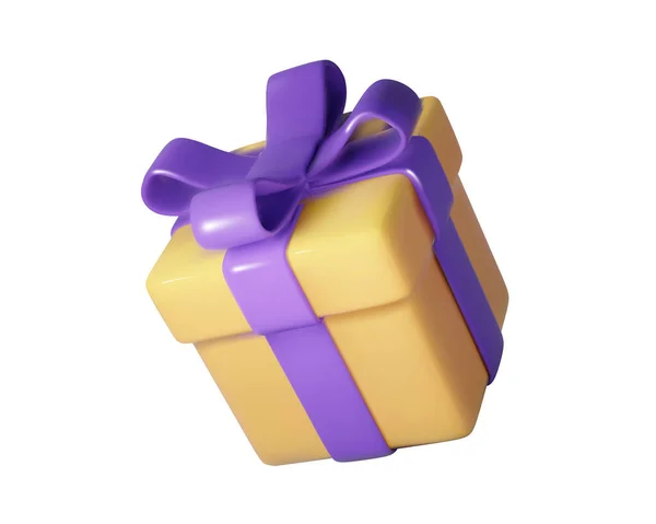 3Dオレンジギフトボックスは 白い背景に隔離された紫色のパステルリボンボウで閉じました ハロウィーンの休日現代サプライズボックス 誕生日や結婚式のバナーのための現実的なベクターアイコン — ストックベクタ