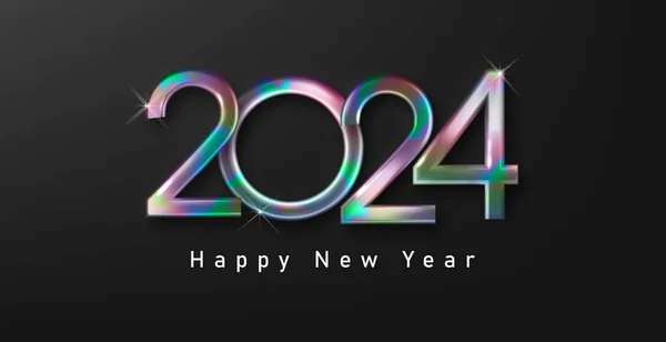 ホログラフィックナンバー2024でハッピーな新年 カレンダー バナー チラシ ポスター ソーシャルメディア投稿テンプレートのセレブレーションコンセプト — ストックベクタ