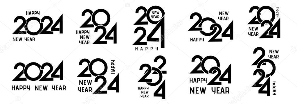 2024 collection of designs for a Happy New Year in black. Design templates for the numbers 2024. Various symbols New Year 2024, presented as creative logo within a vector illustration isolated