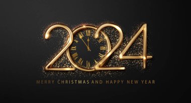 2024 clock and fireworks create luxurious, dark backdrop to welcome Happy New Year. Striking christmas design for a beautiful holiday banner clipart