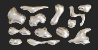 Üç boyutlu krom soyut sıvı şekiller, şişirilmiş metal nesneler. Moden geleceksel tasarım estetiği için gerçekçi y2k holografik sıvı vektör elementi.