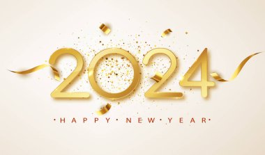 Mutlu yıllar 2024. Beyaz arka planda kurdeleli ve konfetili altın sayılar