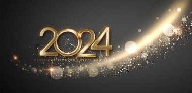 2024 Yeni Yıl ve Mutlu Noeller parlak altın dalga tasarımı, zarafet yayma ve kutlama.