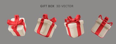 Kırmızı fiyonklu 3D Noel hediye kutuları. Gerçekçi vektör modern tatil sürpriz kutusu. Hediye, doğum günü veya düğün afişleri için vektör simgesi.
