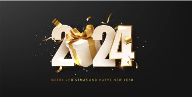 Hediye kutusuyla mutlu yıllar 2024. Mutlu yıllar ve Noel tebrikleri için karanlık arkaplanda Holyday dekoratif unsurları.