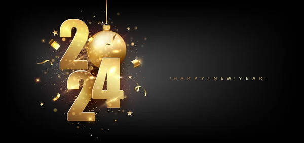 Happy New 2024 Year. Holiday vector illustration of golden metallic numbers 2024. Gold Numbers Design of greeting card of Falling Shiny Confetti. New Year and Christmas posters.