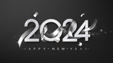 Yeni Yıl 2024 'ün kutlu olsun. Siyah arka planda gümüş gerçekçi kurdele. Noel tatili için gerçekçi bir sunum