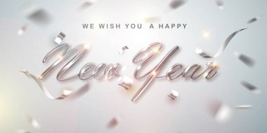 Gümüş 3D harfli yeni yıl tebrik kartı ve Beyaz Arkaplanda Konfeti. Vektör İllüstrasyonu. Yeni Yıl Pilotu veya Poster Tasarımı.